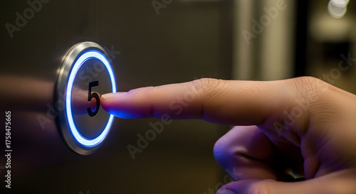 Close up of a finger pressing an illuminated elevator button for the fifth floor.