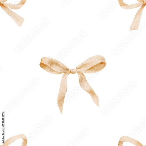 Watercolor Gold Bow Pattern. Elegant festive design for luxury wrapping paper and invitations.