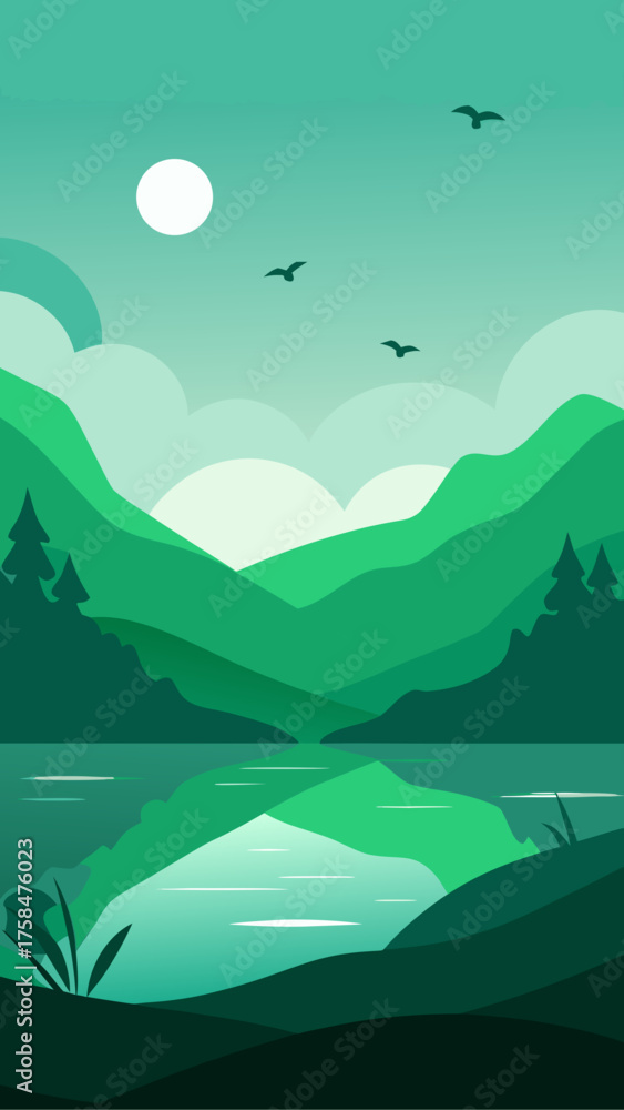 Fototapeta premium Landscape illustration with mountains and reflection