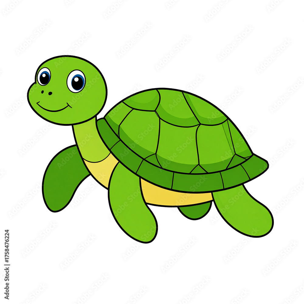 Obraz premium PNG of a cute green turtle with a friendly smile, walking slowly. Perfect for kids’ books, wildlife themes, and friendly cartoon projects with transparent background.