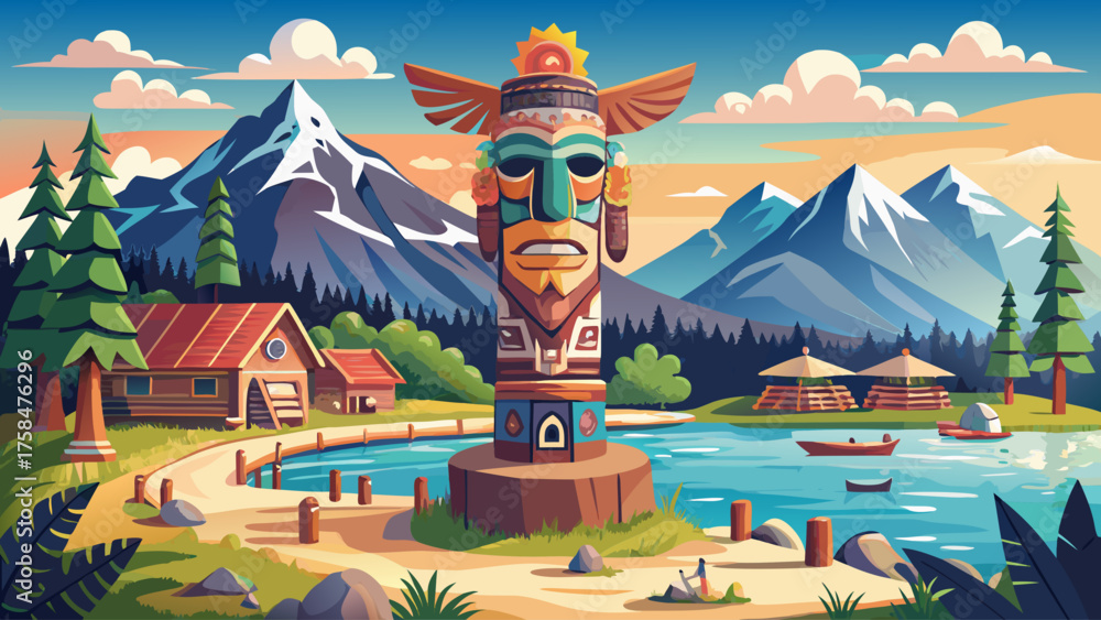 Fototapeta premium Very beautiful Totem Guard at Saxman Village near Ketchikan, Alaska, USA, showcasing a tall, intricately carved wooden totem pole, rich in cultural symbolism, set against lush green forest and mountai