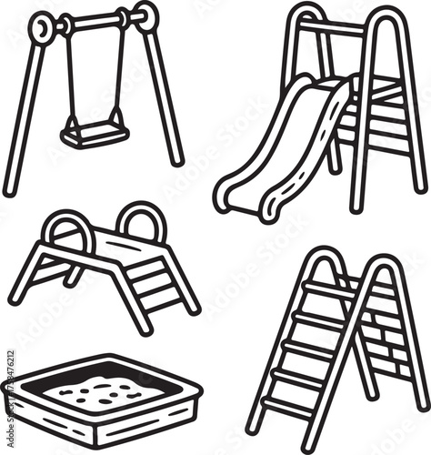Cute Playground Doodle Icons Set Swing, Slide, Climbing Frame, Sandbox, Safety Surface, and Play Panels for Kids