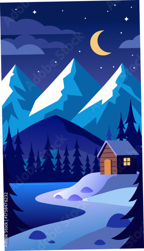 Cabin in the mountains under the moonlight at night