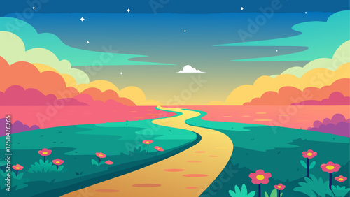 Cartoon landscape with path and colorful sky view