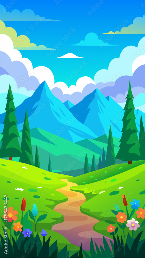 Fototapeta premium Landscape with mountains trees and flowers cartoonish
