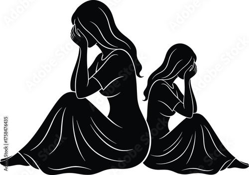 Sad female silhouettes back to back, emotional distress, sorrow, grief, isolation, depression concept, black and white artistic illustration