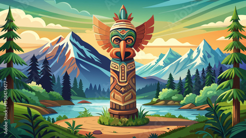 Very beautiful Totem Guard at Saxman Village near Ketchikan, Alaska, USA, showcasing a tall, intricately carved wooden totem pole, rich in cultural symbolism, set against lush green forest and mountai