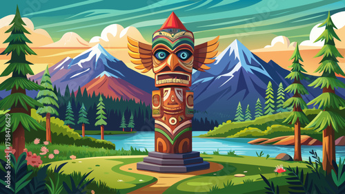 Very beautiful Totem Guard at Saxman Village near Ketchikan, Alaska, USA, showcasing a tall, intricately carved wooden totem pole, rich in cultural symbolism, set against lush green forest and mountai