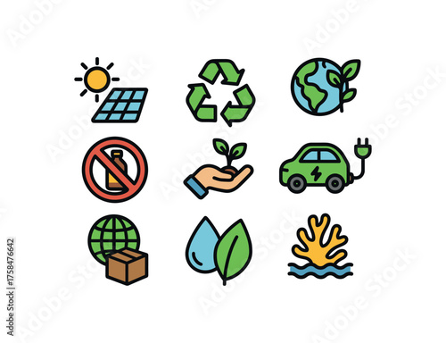 eco colorful icon set with bold outline style including reef safe isolated on white background