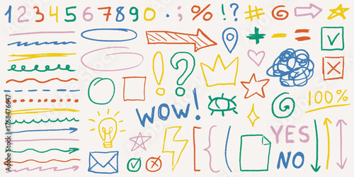 Funky multi colored crayon drawn lines and messy scribbles with playful scrawls, grainy texture, doodled stars and crowns, chaotic strokes and quirky shapes.