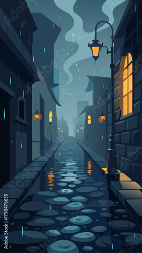 Illustration of a rainy street with glowing lights