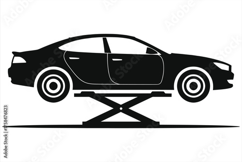 Car on Lift - Automotive Repair Silhouette, Vehicle Maintenance Icon, Black & White Illustration, Auto Service, Garage Equipment, Modern Car Design, Vector Graphic