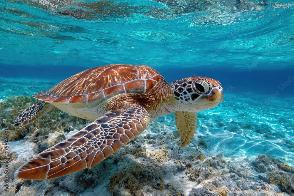 Obraz premium Sea Turtle Gliding Through Crystal Clear Waters