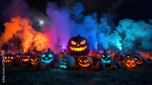 A vibrant Halloween scene featuring carved pumpkins illuminated by colorful smoke and a full moon in the background, creating a spooky atmosphere.
