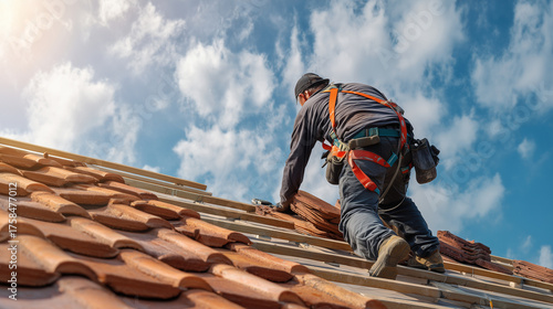 Wallpaper Mural Professional roofer installing clay roof tiles on a residential roof while wearing a safety harness and tool belt, working on a sunny day with blue sky and clouds showing construction detail and Torontodigital.ca