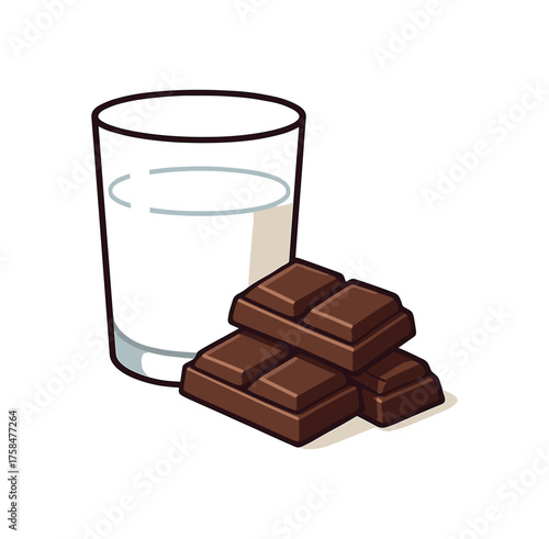 chocolate bar pieces glass of milk flat vector illustration style isolated on white background