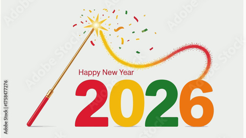 Happy new year 2026 with sparkler and confetti