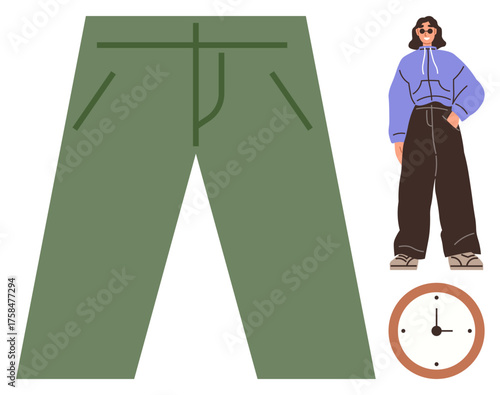 Green wide-leg pants, person wearing oversized hoodie with flared trousers, and a clock. Ideal for fashion, trends, casual wear, personal style, lifestyle, time management simple flat metaphor