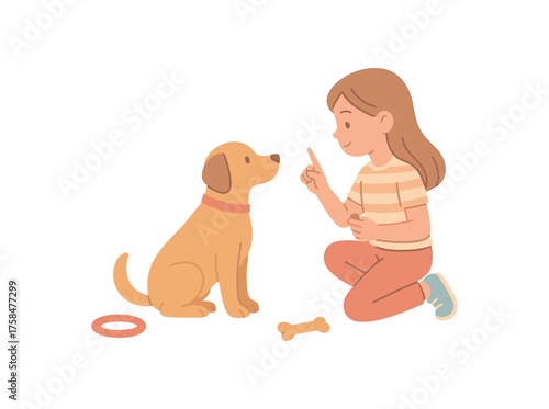 girl teaching her dog basic commands training class with treats and toys flat vector illustration style soft pastel colors isolated on white background