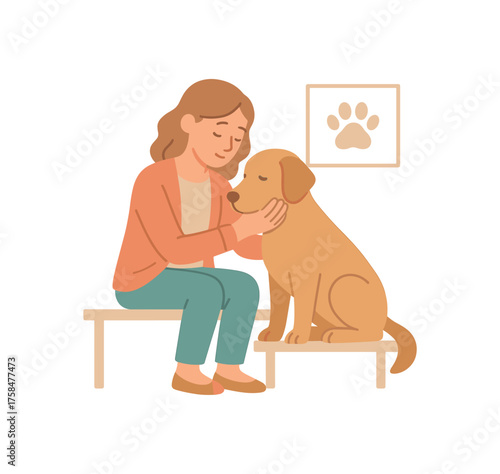 woman taking her dog to the vet gently comforting it while waiting for the appointment flat vector illustration style soft pastel colors isolated on white background