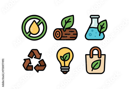 eco colorful icon set with bold outline style including mineral oil free isolated on white background