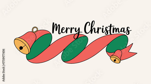 Merry christmas greeting with festive ribbon and bells illustration