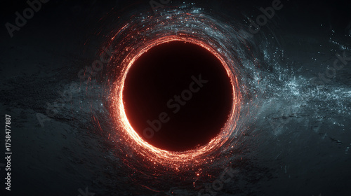 black hole glowing with swirling particle streams representing gravitational energy, cosmic forces, space phenomena, and futuristic astronomy