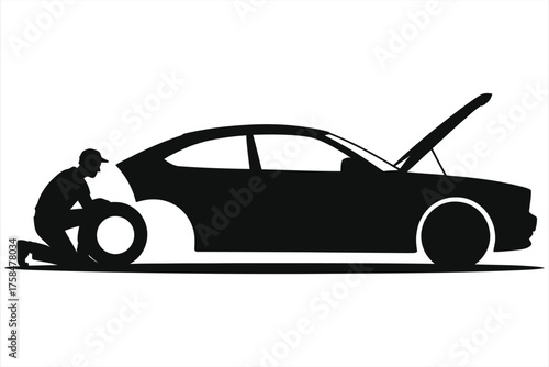  Mechanic Replacing Removed Car Tire Vector Graphic, Black White Automotive Tire Service Logo, Garage Repair Sign, Roadside Assistance Branding for Auto Shop or Vehicle Maintenance Business
