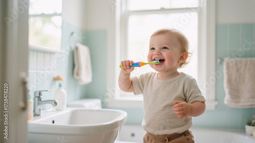 Adorable young child brushing teeth , bright and realistic bathroom scene symbolizing early dental hygiene and learning habits