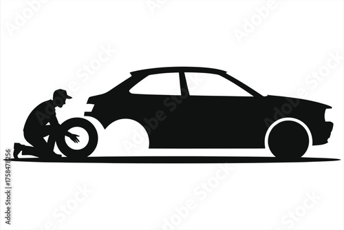 Car Tire Change Silhouette Icon with Mechanic and Missing Wheel, Vector Illustration for Auto Repair Service, Vehicle Maintenance Concept on White Background