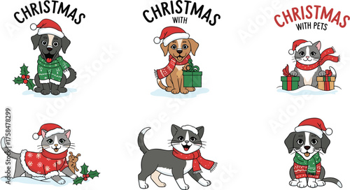 Christmas Pets Adorable Icons of Dogs and Cats with Holiday Cheer