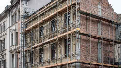 Historic building facade undergoing restoration with scaffolding and exposed brickwork, architectural details revealed during renovation process on an urban streetscape in progress.