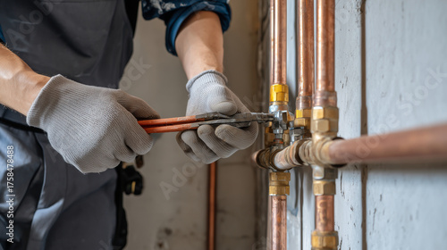 Close-up of a professional plumber repairing copper pipes inside a building, wearing protective gloves and using a pipe wrench to tighten fittings during routine residential plumbing maintenance.
