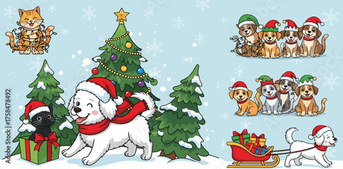 Festive Holiday Dogs Cheerful Christmas Pets in Winter Wonderland Illustration