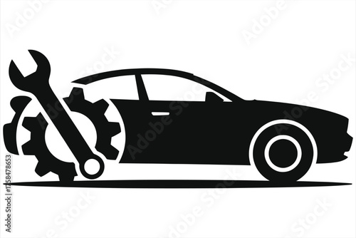 Black and White Vector Illustration of Car with Gear and Wrench Icon – Automotive Repair Symbol, Vehicle Maintenance Concept, Auto Service Logo, Mechanical Tools and Car Diagnostics Design