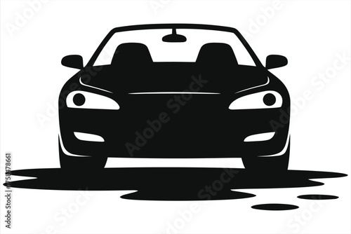 Vector Illustration of Modern Car with Oil Leak on Ground – Automotive Engine Problem Symbol, Car Maintenance Concept, Oil Change Warning, Vehicle Lubrication Issue, Monochrome Transportation Icon