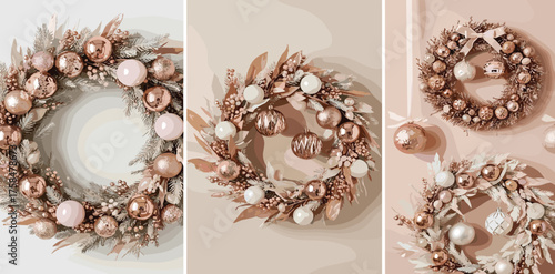 Elegant rose gold and blush festive wreaths, adorned with shimmering baubles and delicate dried elements. Sophisticated seasonal decor for a warm and inviting atmosphere