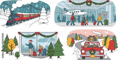 Festive winter holiday travel illustrations. People journey by train, plane, car, and bus through snowy landscapes, adorned with Christmas decorations