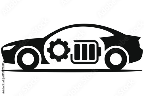 Electric Vehicle Battery Repair Silhouette Icon – Black EV Car with Battery and Gear Symbol, Renewable Energy Service Concept, Automotive Technology Maintenance Illustration, Sustainable Transport