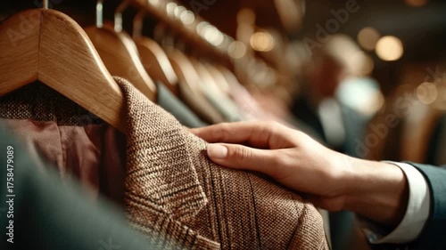 Close-Up of Tailored Blazer on Hanger with Hands Selecting Garment in Fashion Boutique, Modern Clothing Store Environment