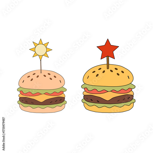 doodle burger pattern background. doodle fast food burger seamless pattern background. seamless pattern of hamburger in doodle style. Seamless Pattern of a Cheese Burger or Hamburger.Burger with stick