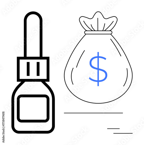 Eyedropper bottle next to money bag with dollar sign. Ideal for topics thumbs up healthcare cost, investment, medication pricing, pharmacy, finance, wellness, or budgeting. Simple flat metaphor