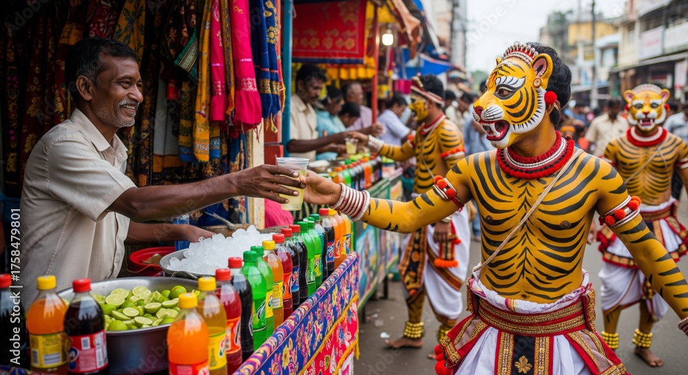 Fototapeta premium Puli Kali performer receives drink at colorful street stall during Onam