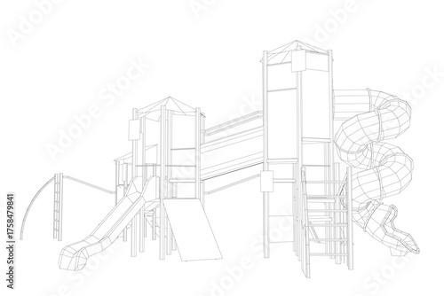 Wooden playground structure with a slide and ladder. This wireframe sketch features on a white background for kids. Vector illustration.