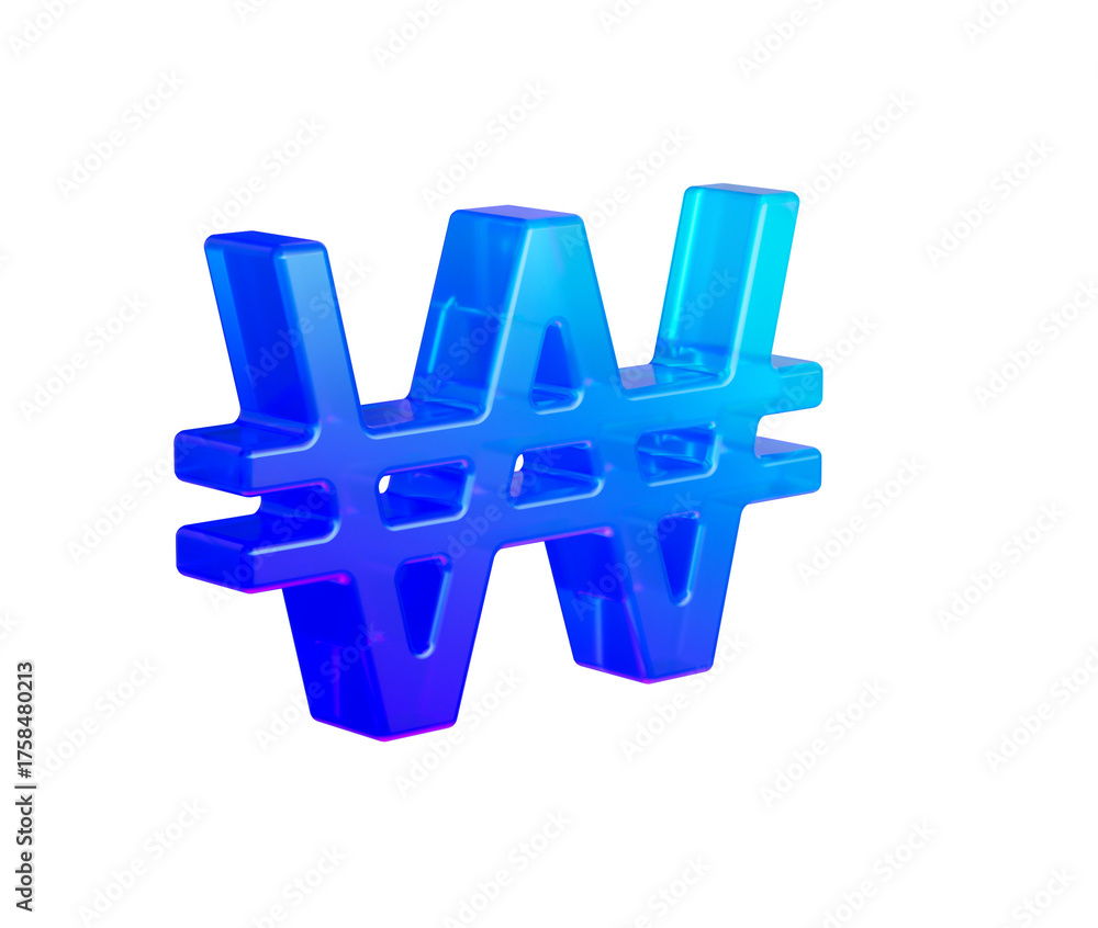 Obraz premium Striking 3D blue purple gradient Korean Won currency symbol for financial concept. 3d illustration