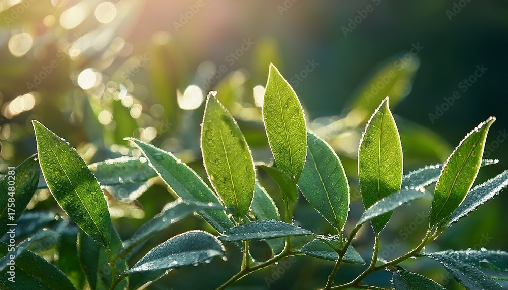 Fototapeta premium Dewdrops On Lush Green Leaves In Soft Morning Light