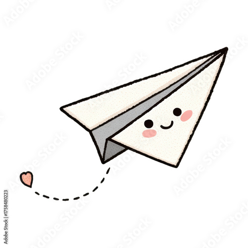 Cute doodle of happy paper plane with kawaii face flying. This charming clipart illustration shows lovely trail ending with heart, symbolizing message of love
