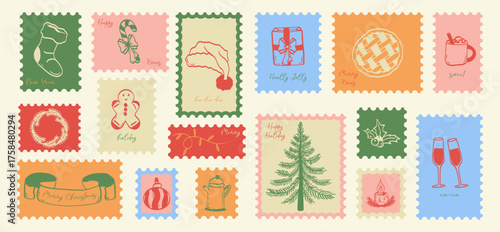 Vintage set hand drawn Christmas stickers and  postmark. Xmas celebration stamps. Vector. 
