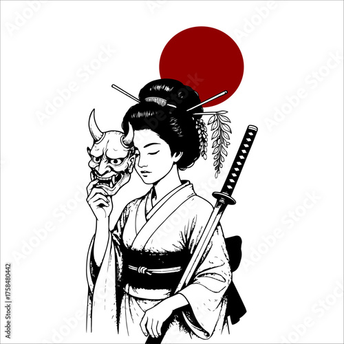 Japanese geisha kimono artwork vector illustration	