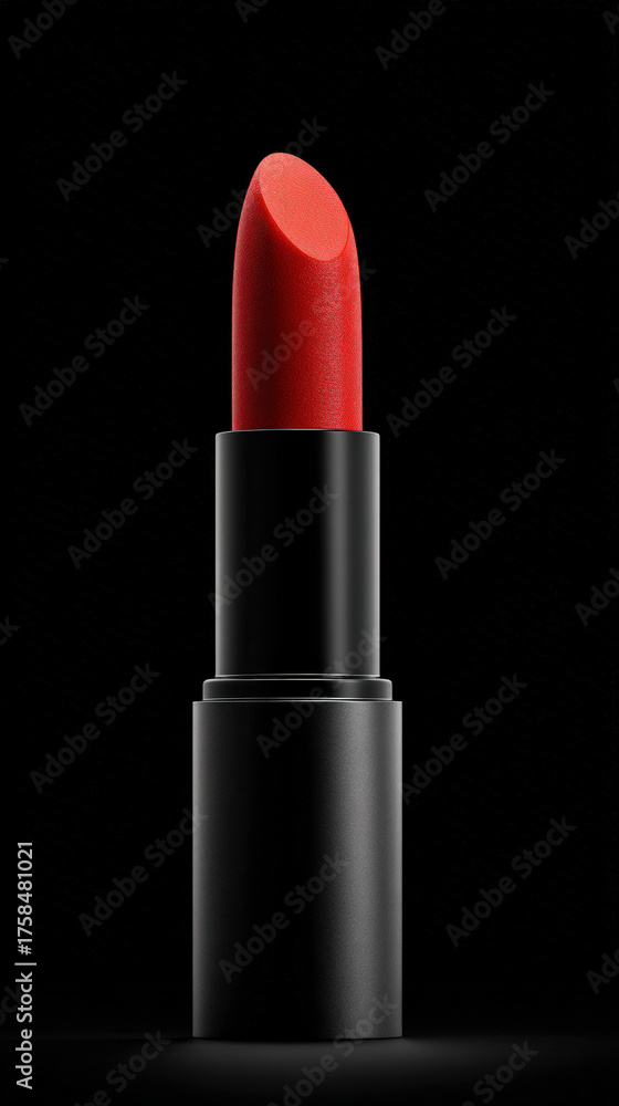 Obraz premium Vibrant red lipstick stands elegantly against black background, showcasing its smooth texture and luxurious appearance, perfect for enhancing beauty and confidence
